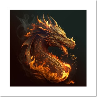 Fantasy dragon with fire on black background Posters and Art